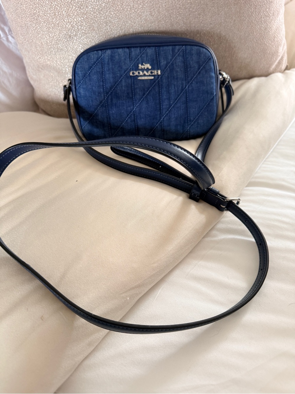 Coach Denim Quilted Crossbody Bag in Navy Blue with Silver Hardware - Picture 2 of 7